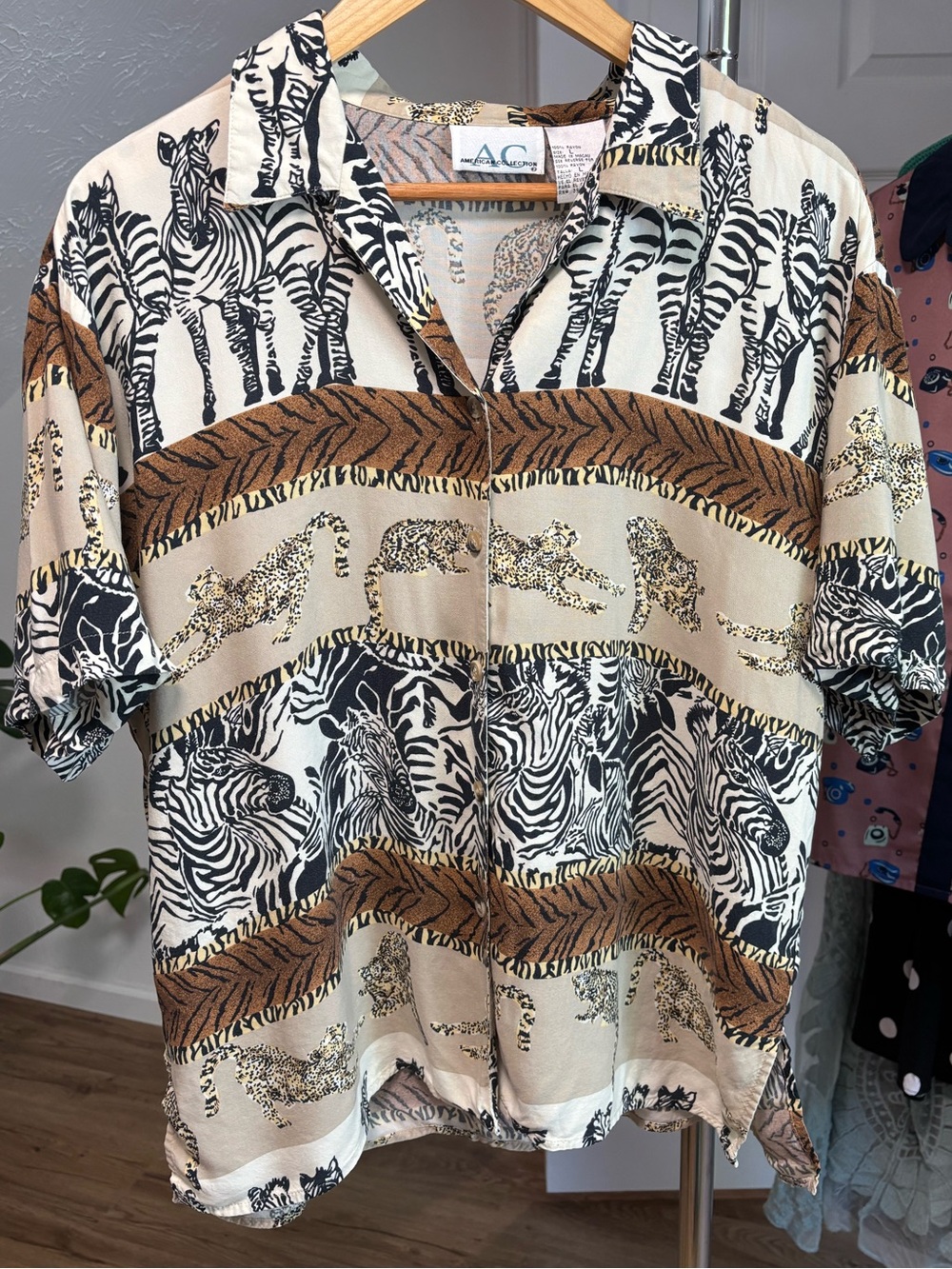Lightweight, camp collar safari animal print button down, large